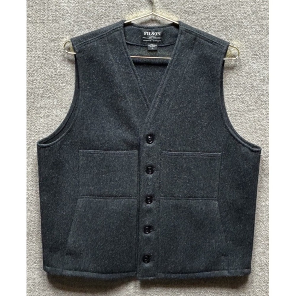 Filson Mackinaw Wool Vest Mens XL Charcoal Open Stow Utility Pockets Logger NWOT
